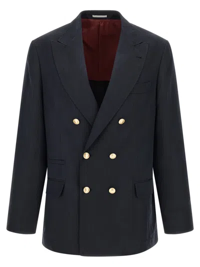 Brunello Cucinelli Blue Peaked Lapel Blazer In Multi