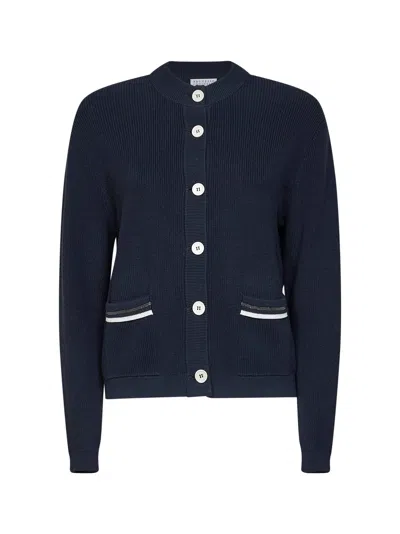 Brunello Cucinelli Blue Ribbed Cotton Knit Cardigan With Shiny Pockets Details