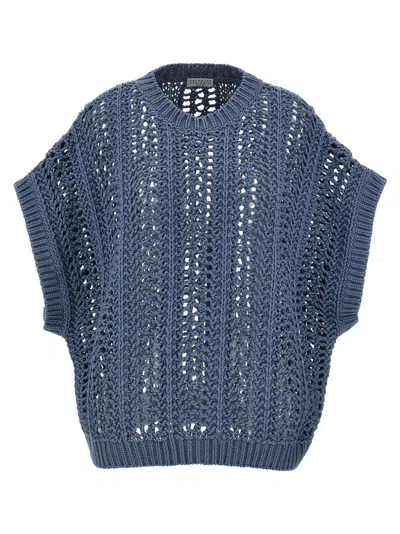 BRUNELLO CUCINELLI BLUE RIBBED NET SWEATER