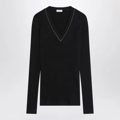 Brunello Cucinelli Blue Ribbed Wool Sweater In Black