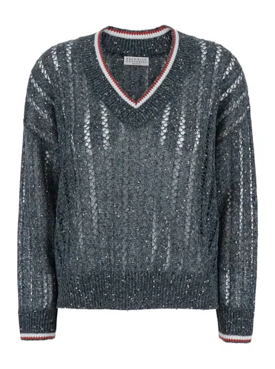 Brunello Cucinelli Blue Sequin T-shirt With V Neck In Linen Blend Woman