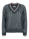 Brunello Cucinelli Blue Sequin T-shirt With V Neck In Linen Blend Woman