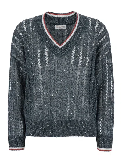 BRUNELLO CUCINELLI BRUNELLO CUCINELLI BLUE SEQUIN T-SHIRT WITH V NECK IN LINEN BLEND WOMAN