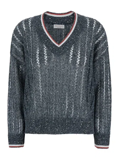 Brunello Cucinelli Blue Sequin T-shirt With V Neck In Linen Blend Woman