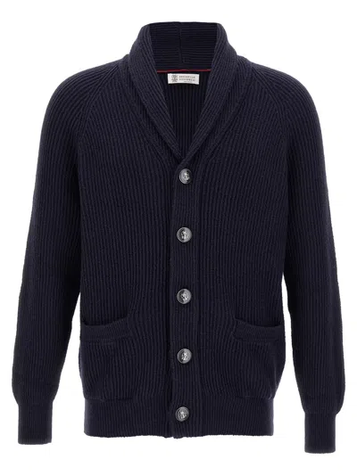 BRUNELLO CUCINELLI BLUE SHAWL NECK CARDIGAN
