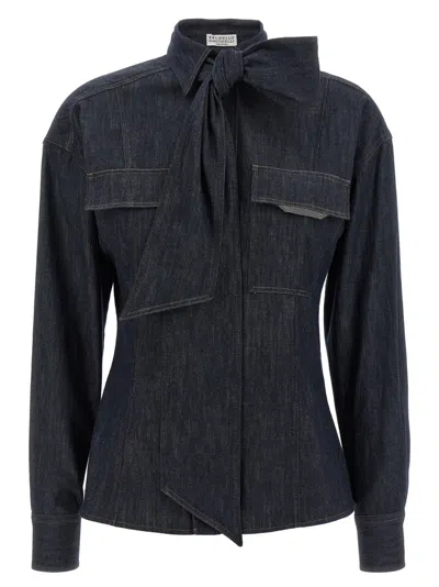 BRUNELLO CUCINELLI BLUE SHINY FLAP DETAIL SHIRT