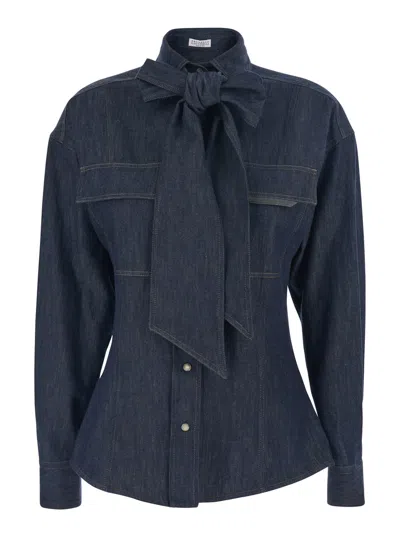 Brunello Cucinelli Blue Shirt With Bow Detail And Button Closure In Denim Woman
