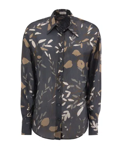 Brunello Cucinelli Blue Silk Pattern Women's Shirt