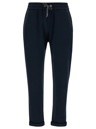 BRUNELLO CUCINELLI BLUE SPORTS PANTS WITH DRAWSTRING IN COTTON AND SILK WOMAN