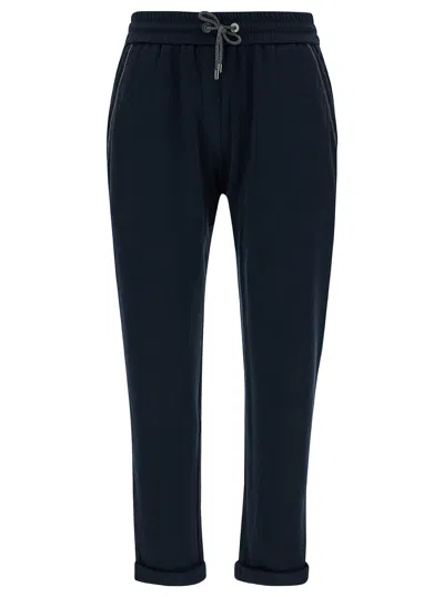 BRUNELLO CUCINELLI BRUNELLO CUCINELLI BLUE SPORTS PANTS WITH DRAWSTRING IN COTTON AND SILK WOMAN