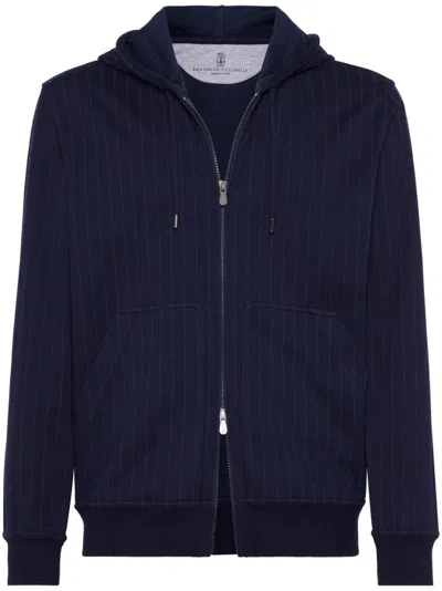 Brunello Cucinelli Pinstriped Zip-up Hoodie In Blue