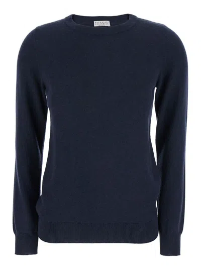 Brunello Cucinelli Blue Sweater With Round Neck In Cashmere Woman