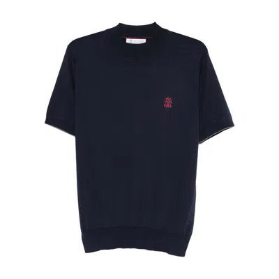 Brunello Cucinelli Embroidered-logo Knitted T-shirt In Blue