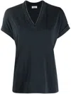 Brunello Cucinelli Short Sleeve V-neck T-shirt With Monili On The Pocket In Blue