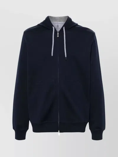 BRUNELLO CUCINELLI BLUE/GREY COTTON BLEND HOODED SWEATER