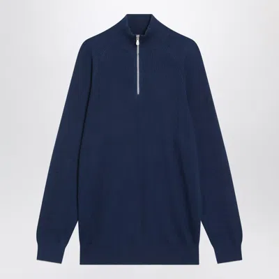 BRUNELLO CUCINELLI BLUE/GREY RIBBED COTTON JUMPER