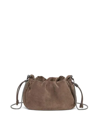 Brunello Cucinelli Shoulder Bag In Suede Leather In Brown