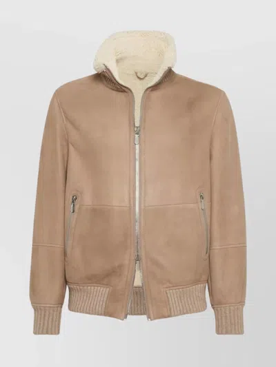 BRUNELLO CUCINELLI BOMBER JACKET WITH SHEARLING COLLAR AND RIBBED FINISH