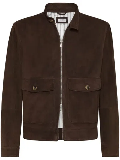 Brunello Cucinelli Bomber Leather Jacket Clothing In Grey
