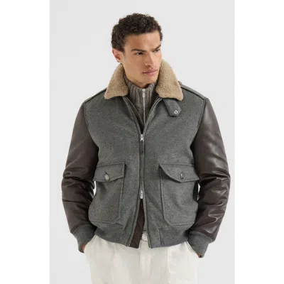 Brunello Cucinelli Bonded Cashmere Beaver Cloth And Nappa Leather Bomber Jacket With Thermore® Paddi In Green