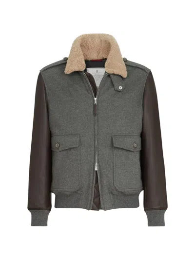 Brunello Cucinelli Bonded Cashmere Beaver Cloth And Nappa Leather Bomber Jacket With Thermore® Padding And Detachable S In Gray