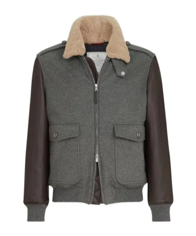 Brunello Cucinelli Bonded Cashmere Beaver Cloth And Nappa Leather Bomber Jacket With Thermore Padding And Detachable Sh In Multi