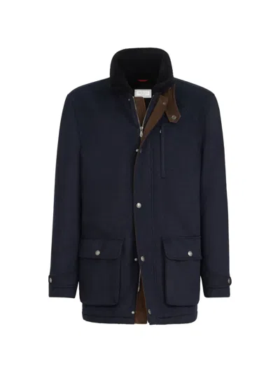 Brunello Cucinelli Bonded Cashmere Beaver Cloth Field Jacket With Shearling Lining And Nappa Leather Inserts In Blue