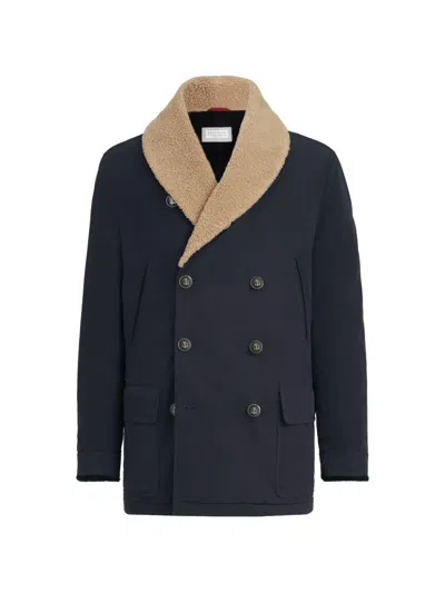 Brunello Cucinelli Bonded Nylon Double-breasted Coat With Shearling Lining In Multi