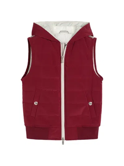 Brunello Cucinelli Kids' Bonded Nylon Hooded Vest With Thermore® Padding In Red