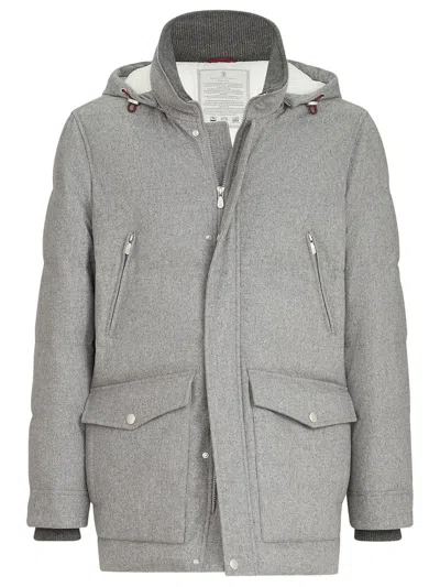 Brunello Cucinelli Bonded Wool Flannel Down Parka With Detachable Hood In Gray