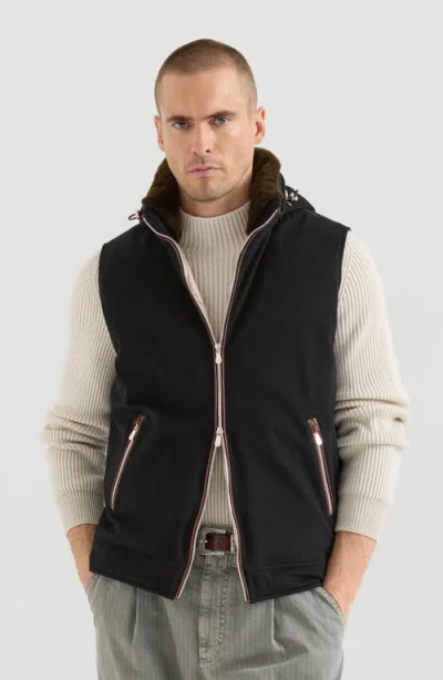 Brunello Cucinelli Bonded Wool Flannel Hooded Down Vest With Detachable Shearling Insert In Black