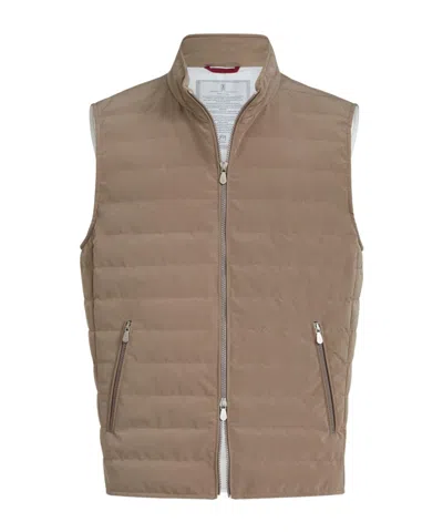 Brunello Cucinelli Bonded Zip-up Padded Vest In Brown