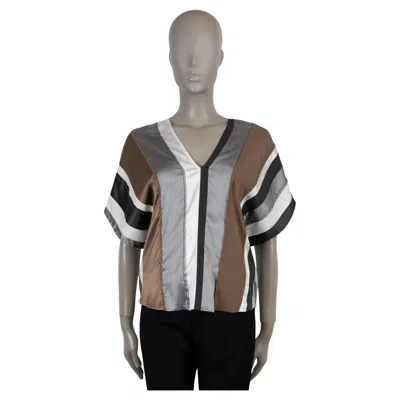 Pre-owned Brunello Cucinelli Bonze Silver Silk 2019 Striped Satin Blouse Shirt S
