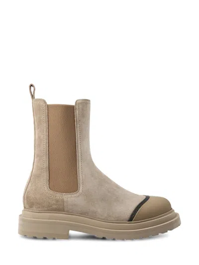 Brunello Cucinelli Chelsea Boots In Suede And Calfskin With Jewellery In Beige
