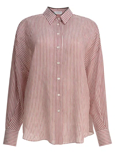 Brunello Cucinelli Bordeaux Stripe Linen-cotton Blend Shirt In Pink