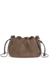 Brunello Cucinelli Soft Suede Drawstring Bag With Chain-link Strap In Neutral
