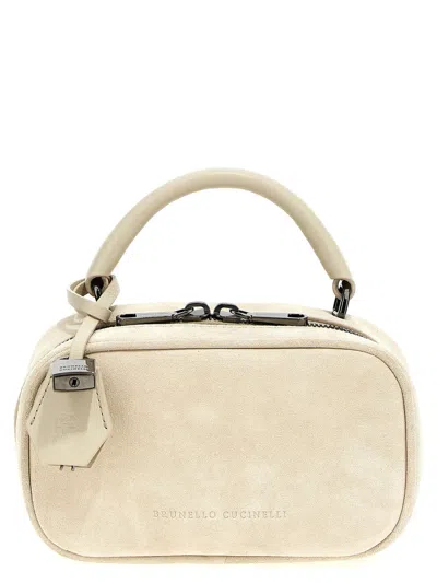 BRUNELLO CUCINELLI 'BOSTON EXPLORER' WHITE CROSSBODY BAG WITH REMOVABLE METAL PADLOCK CHARM IN SUEDE WOMAN