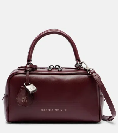 Brunello Cucinelli Boston Explorer Small Leather Tote Bag In Burgundy