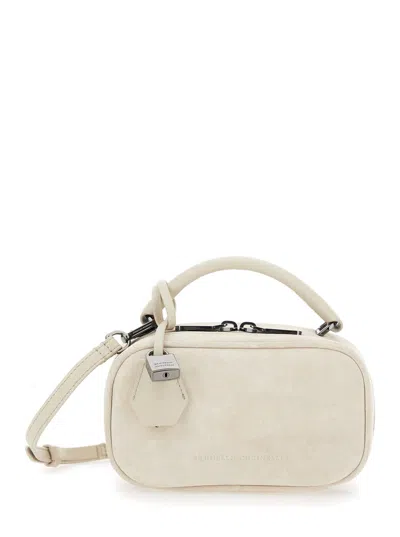 Brunello Cucinelli Boston Explorer White Crossbody Bag With Removable Metal Padlock Charm In Suede Woman In Neutral