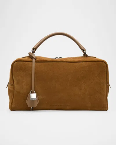 Brunello Cucinelli Boston Large Suede Top-handle Bag In Neutral
