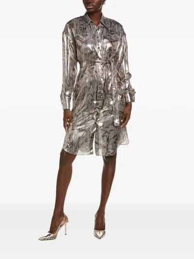 Brunello Cucinelli Botanical-print Belted Shirt Dress In Silver