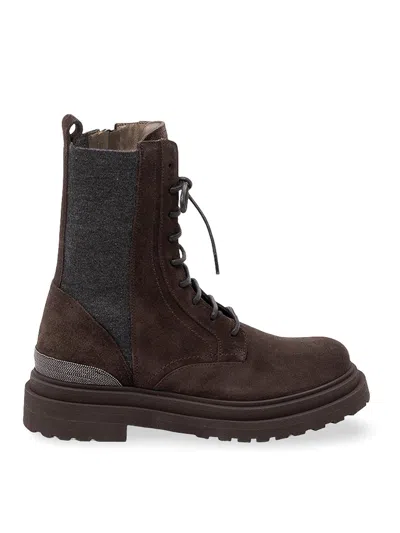Brunello Cucinelli Espresso Suede Boots With Virgin Wool Insert In Brown