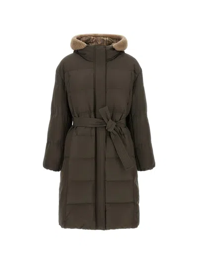 Brunello Cucinelli Padded Cotton With Sherpa Hood Down Coat In Brown