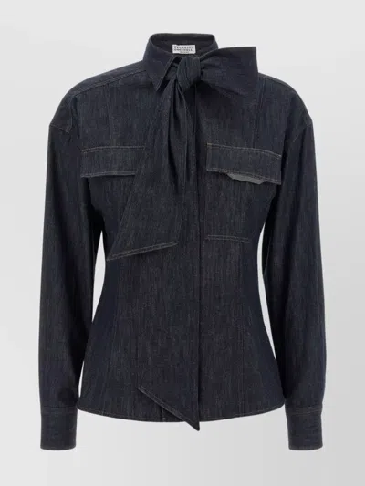 Brunello Cucinelli Bow Pocket Long Sleeve Shirt In Blue