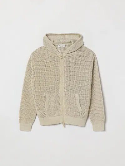 Brunello Cucinelli Kids'  Boy's Mesh Cotton Hooded Sweatshirt With Zip In Neutral