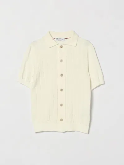 Brunello Cucinelli Kids'  Boy's Short-sleeved Ribbed Cotton Knit Polo Shirt In White