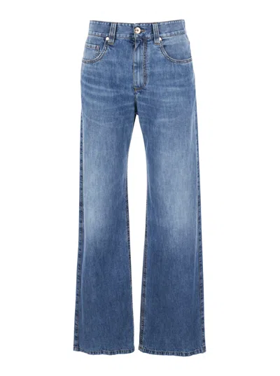 Brunello Cucinelli 'boyfriend' Blue Five Pocket Jeans With Faded Effect In Denim Woman In Multicolor
