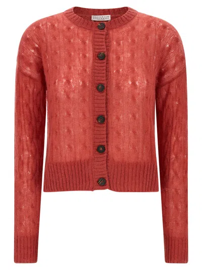 Brunello Cucinelli Mohair-blend Cable-knit Cardigan In Red