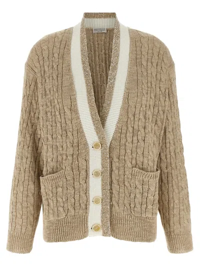 Brunello Cucinelli Braided Cardigan Sweaters And Cardigans Beige In Multi