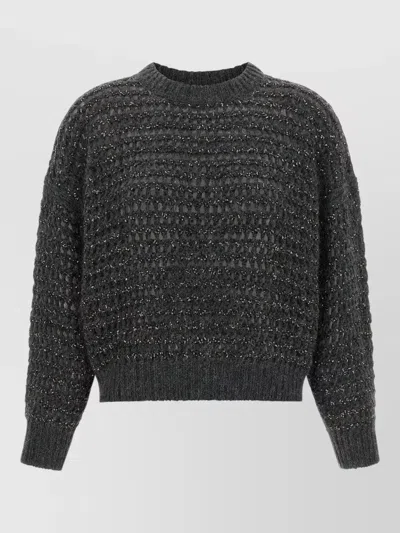 Brunello Cucinelli Openwork Wool And Cashmere Crewneck Jumper With Dropped Shoulders In Black